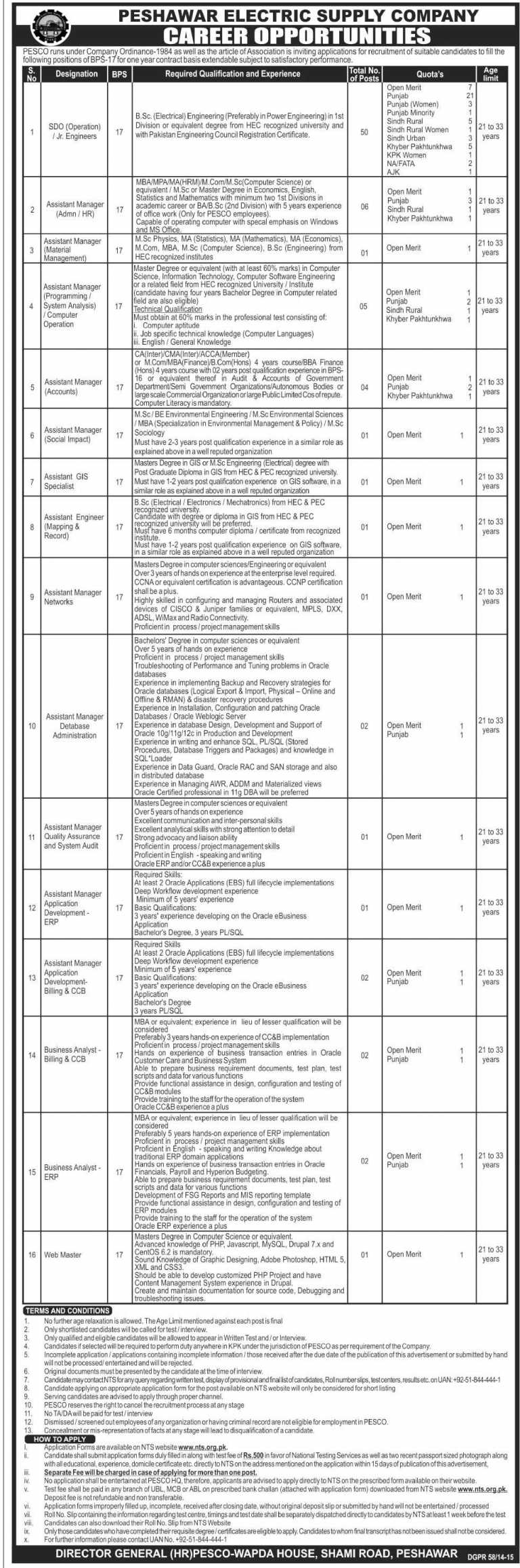 PESCO Jobs 2015 KPK NTS Application Form Download Officer, Staff Grade