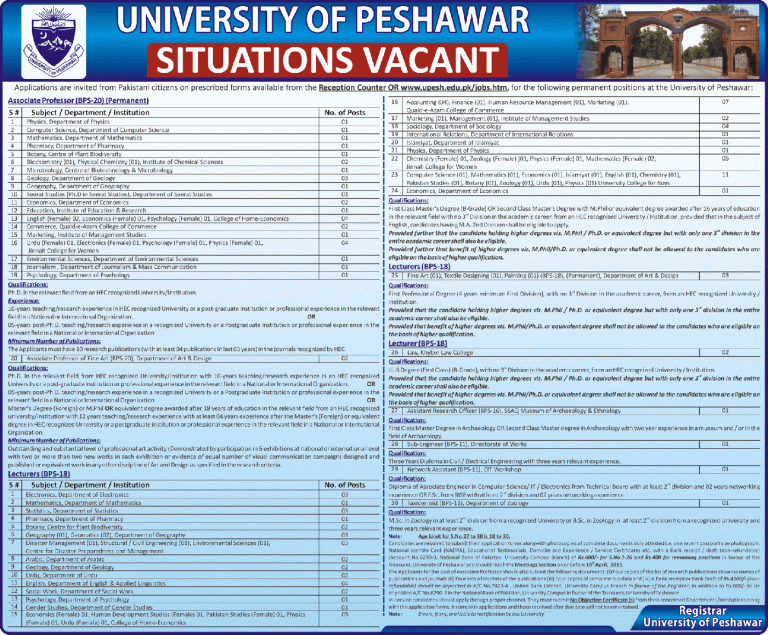 Peshawar University Associate Professor, Lecturers Jobs 2015 Form, Last Date
