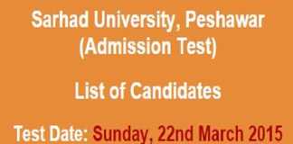 Sarhad University Peshawar Admission NTS Test Result 2015 22nd March