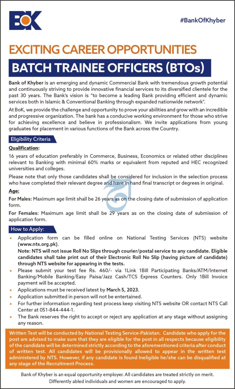 Bank of Khyber Trainee Officer Jobs 2025