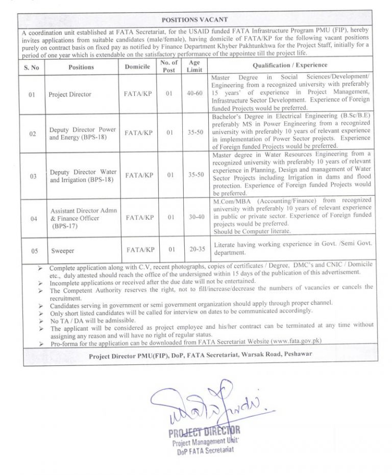 FATA Secretariat Peshawar Jobs 2018
