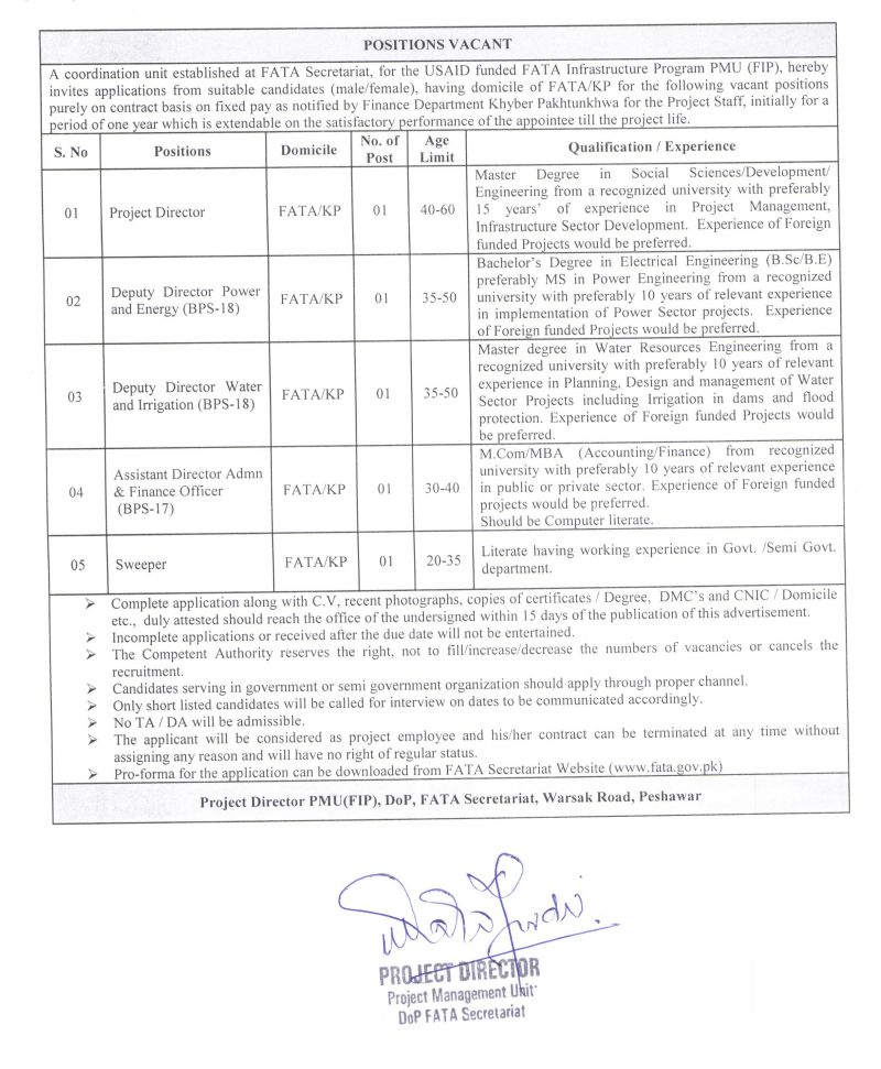 FATA Secretariat Peshawar Jobs 2018 Advertisement