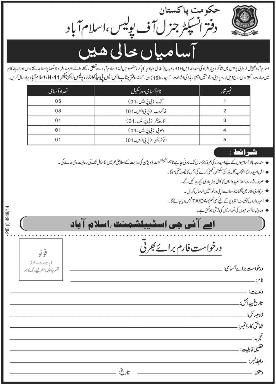 Office Inspector General of Police Islamabad Jobs 2015 Application Form
