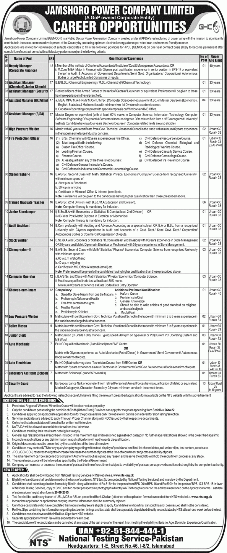 Jamshoro Power Company JPCL GENCO Jobs 2015 NTS Form Download Eligibility