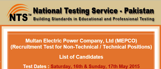 MEPCO Multan NTS Test Result 2015 Technical, Non Technical Positions