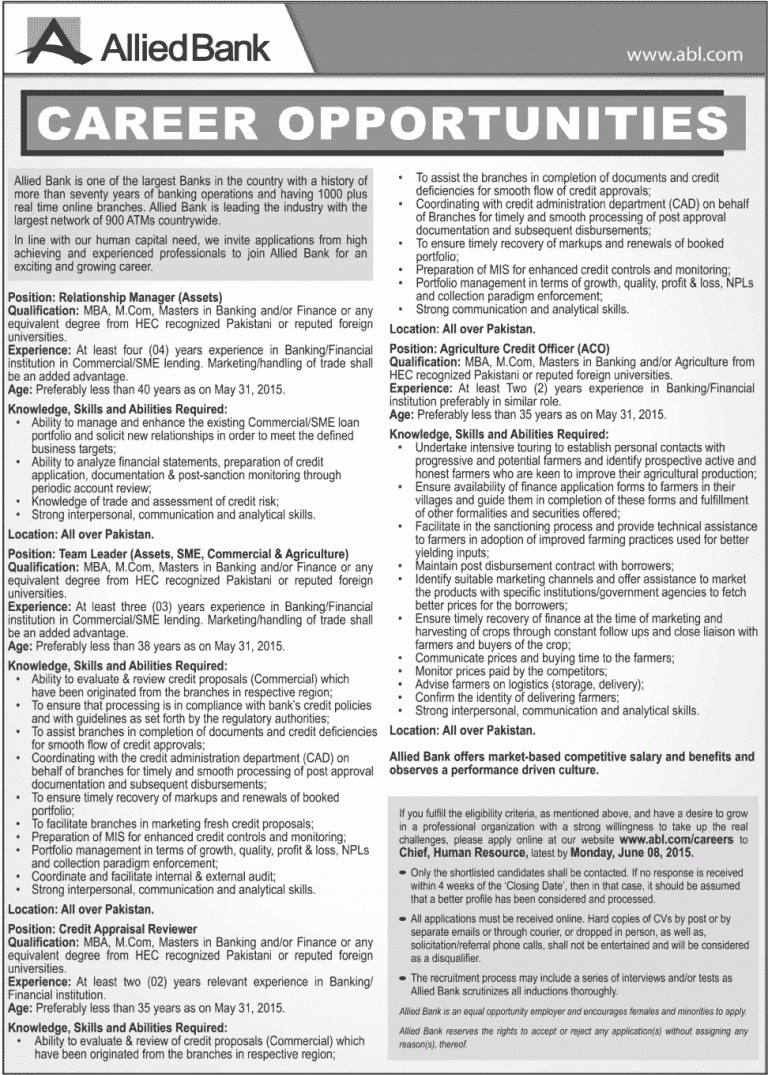 Allied Bank Jobs 2016 Apply Online Date Relationship Manager, Team Leader, Credit Officer