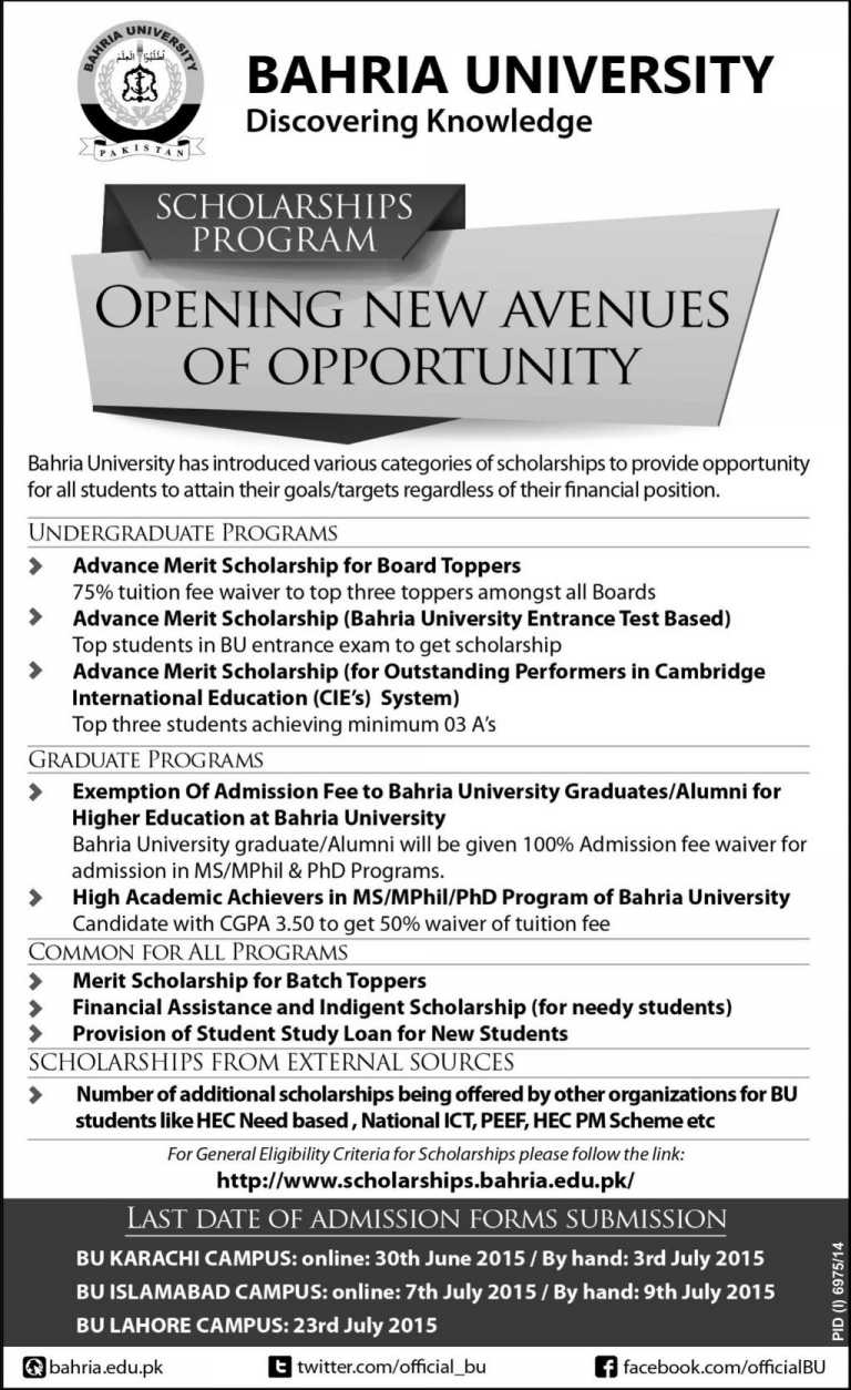 Bahria University Merit Scholarships 2016 For Karachi, Islamabad, Lahore Campus