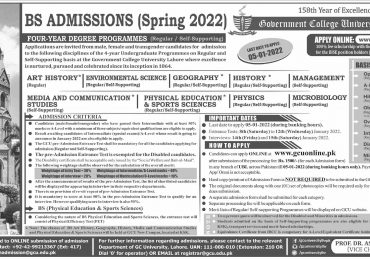 Government College University Lahore BS Admissions 2022