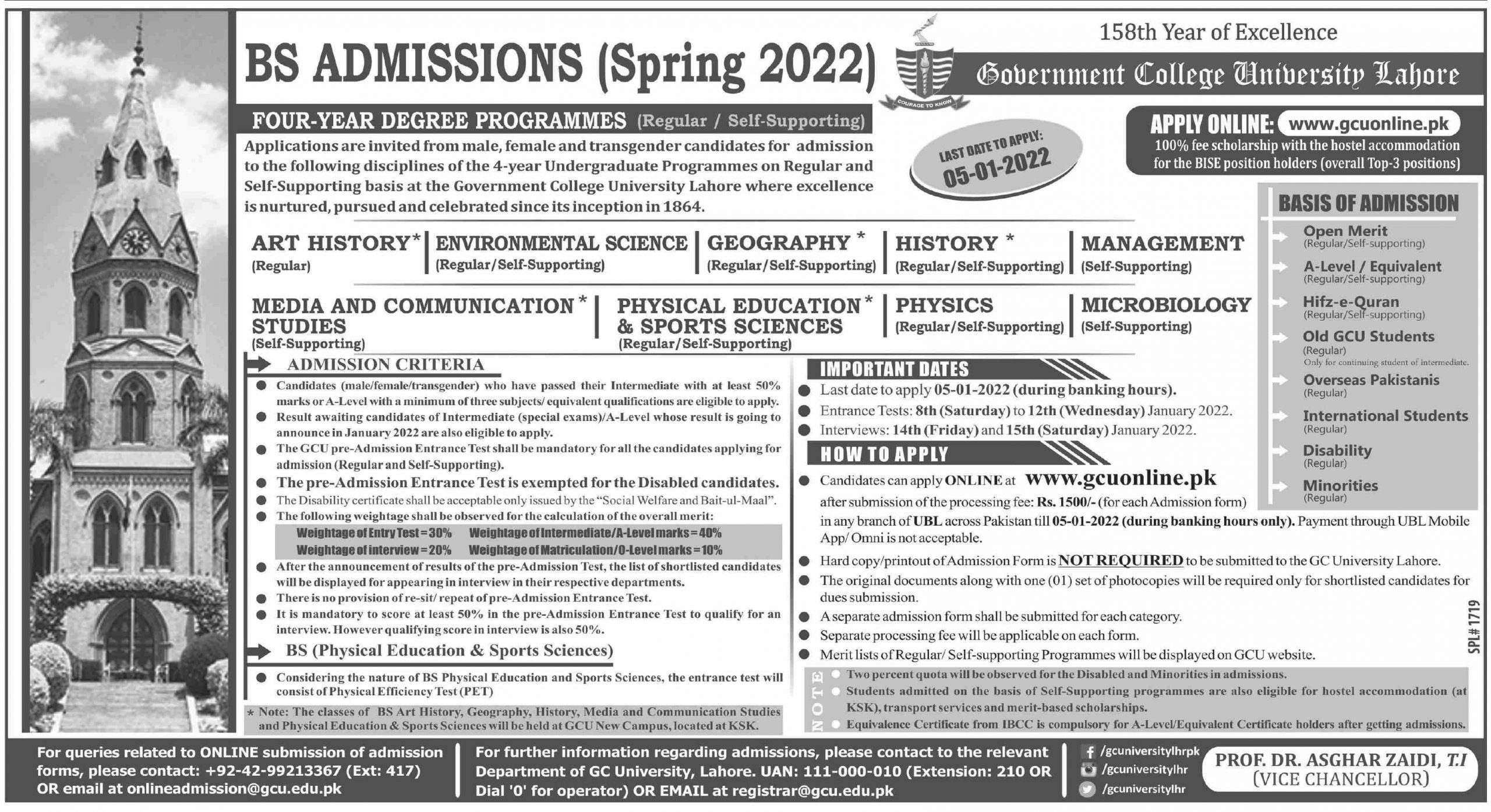 Government College University Lahore BS Admissions 2022 | Apply Online