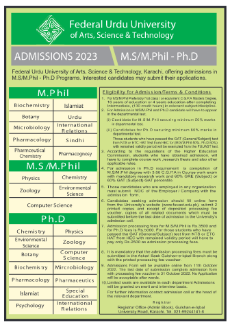 Federal Urdu University Karachi MS, M.Phil, PhD Admission 2023