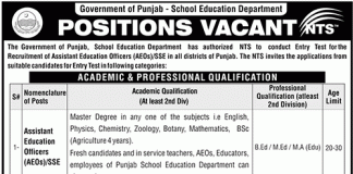 AEO Jobs In Punjab 2016 Education Department NTS Application Form, Test Date
