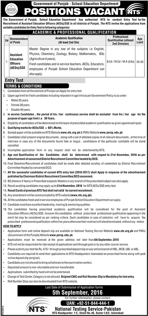 AEO Jobs In Punjab 2016 Education Department NTS Application Form, Test Date