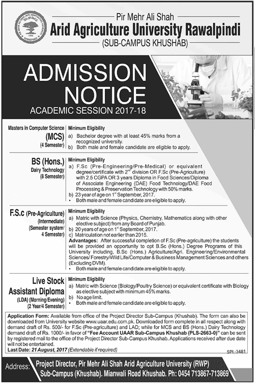 Arid Agriculture University Khushab FSC, Diploma In Agriculture Admission 2017