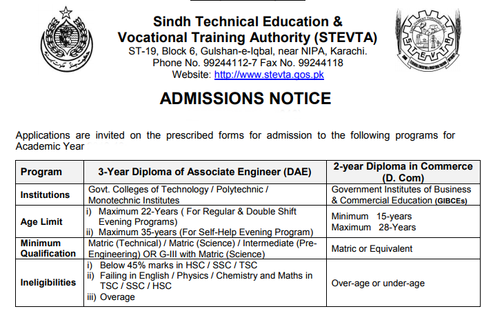 Sindh Technical Education STEVTA DAE, D.Com Admission 2025 Entry Test