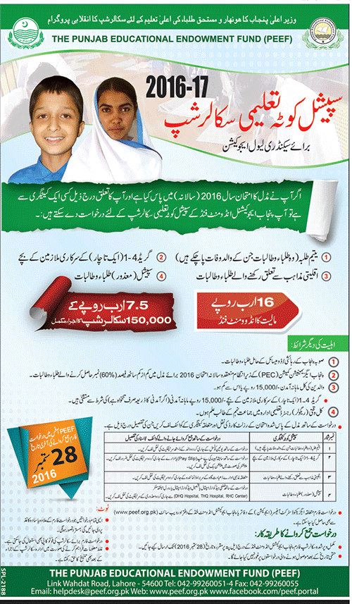 CM Punjab Special Quota PEEF Scholarship 2016 Application Form