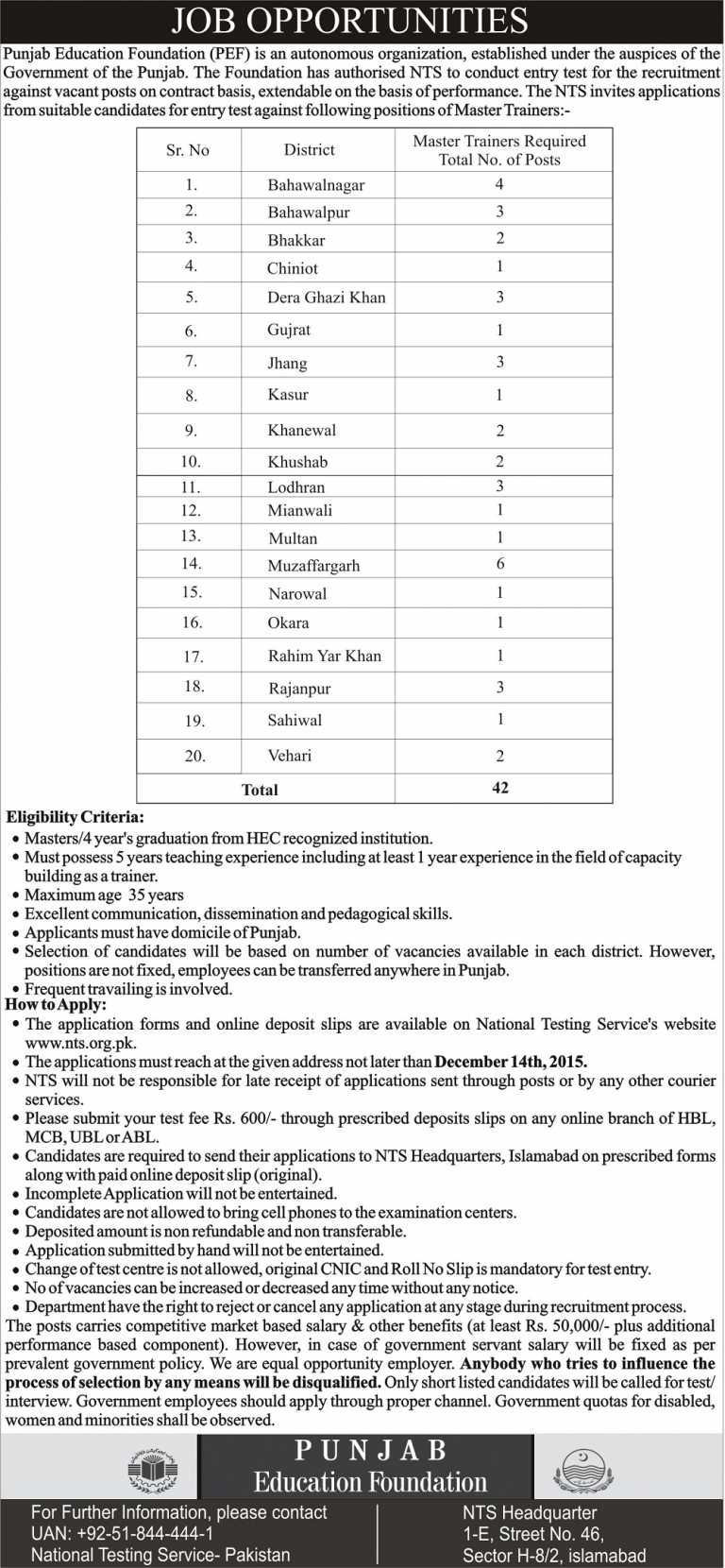 Punjab Education Foundation PEF Master Trainers Jobs 2015 NTS Application Form