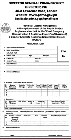 www.pdma.gov.pk Punjab Jobs 2015 Provincial Disaster Management Authority Jobs Form