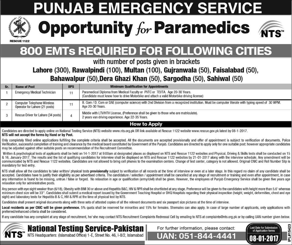 Punjab Rescue 1122 Jobs 2016-2017 Test Form, Date Sample Paper