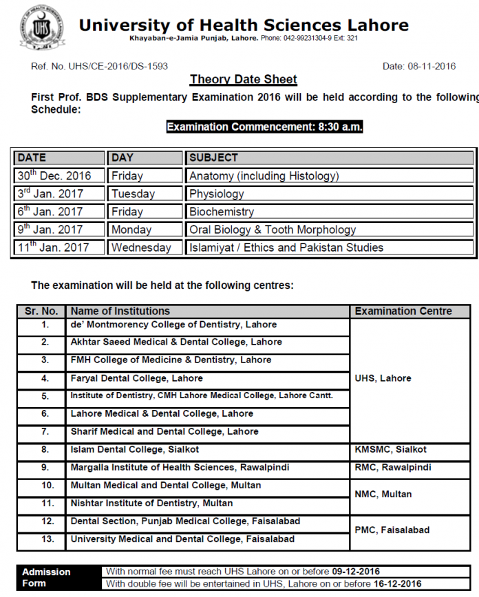 UHS Professional BDS Supplementary Date Sheet 2016-2017 Exams Center ...