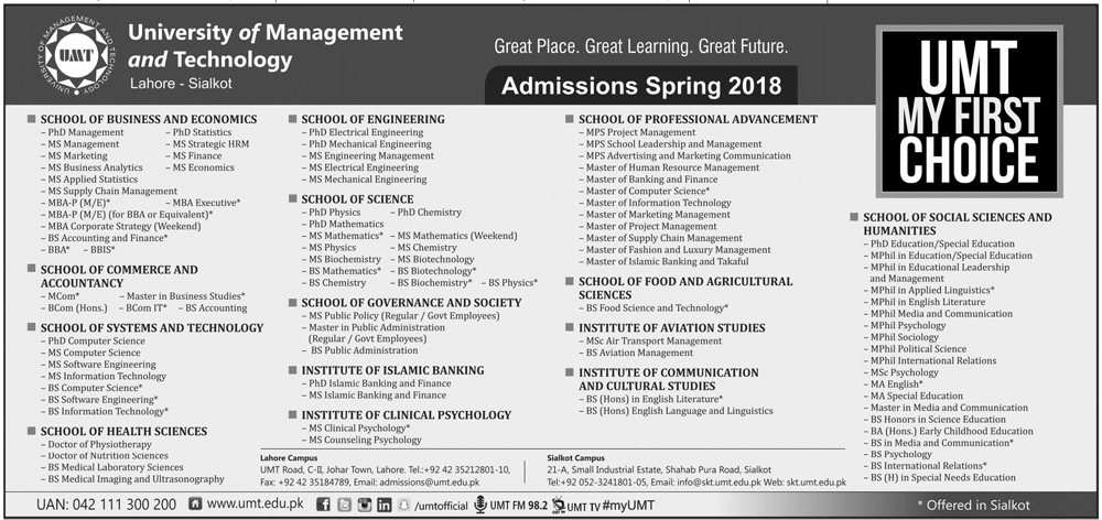 UMT Lahore Graduate Admissions Spring 2018 Download 