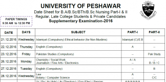 University Of Peshawar UOP Supplementary Date Sheet 2016 B.A/BSc Part 1, 2 Download