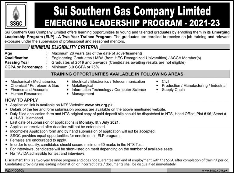 Sui Southern Gas Company SSGC Emerging Leadership Program 2022-24 NTS Form Eligibility