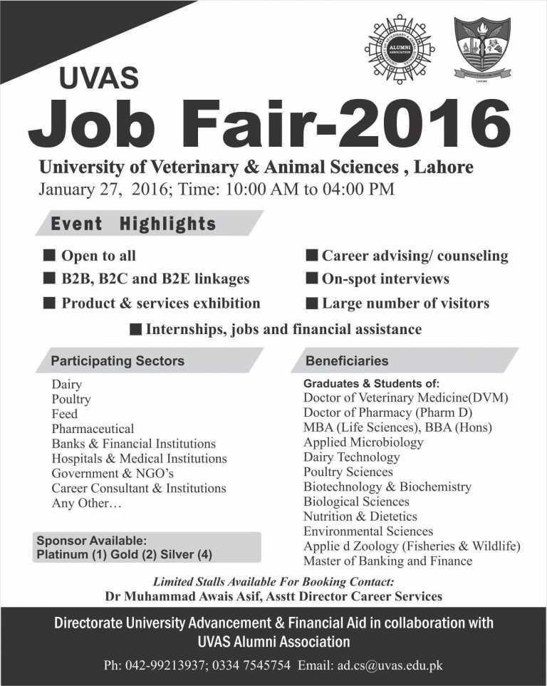 UVAS University Lahore Jobs Fair 2016 Event Date, Time