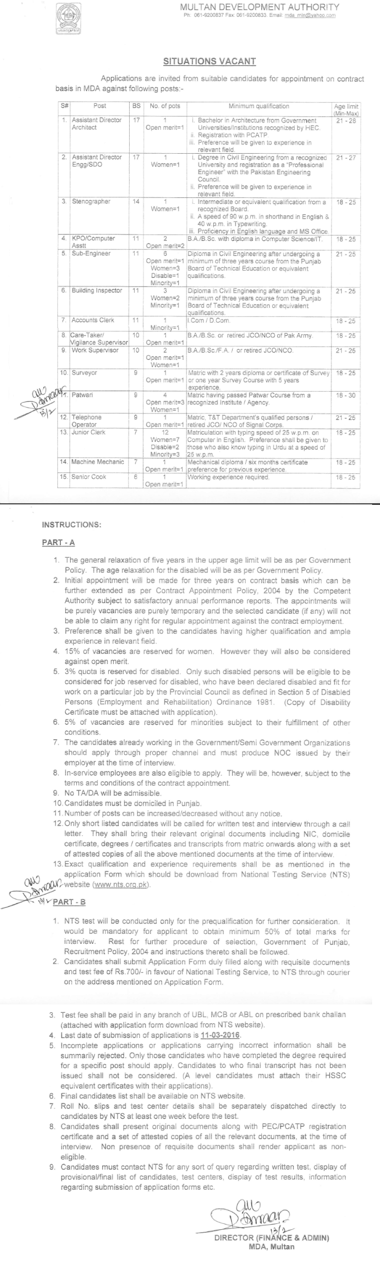 Multan Development Authority MDA Jobs 2016 NTS Application Form Last Date