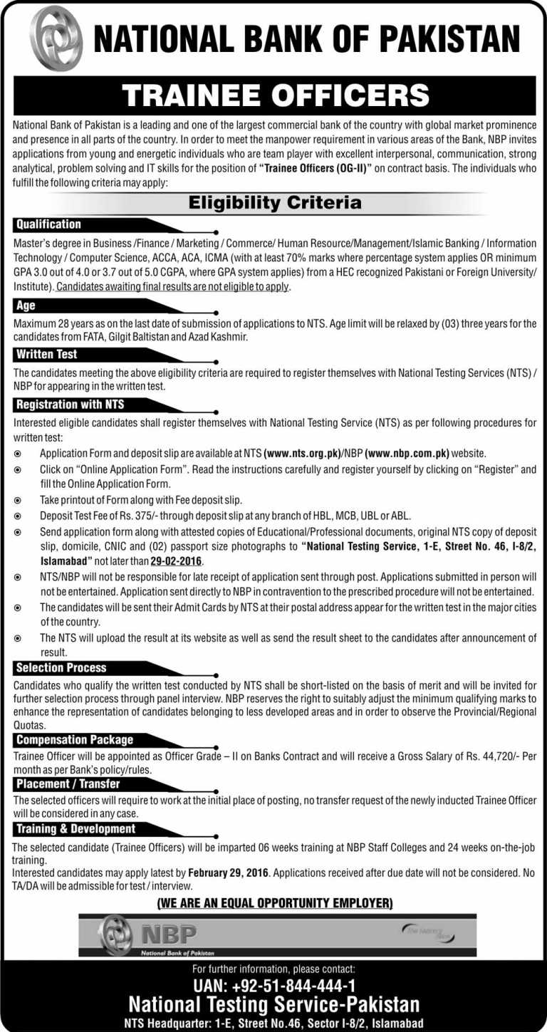 NBP Bank Trainee Officer Jobs 2016 OG 2 NTS Application Form Date, Eligibility