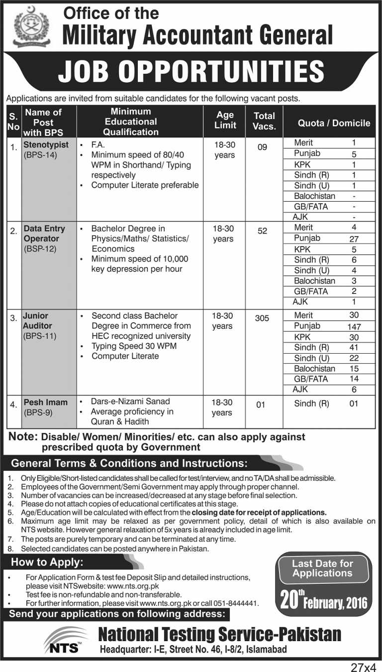 PMDA Pakistan Military Accountant General Jobs 2016 NTS Application Form Last Date