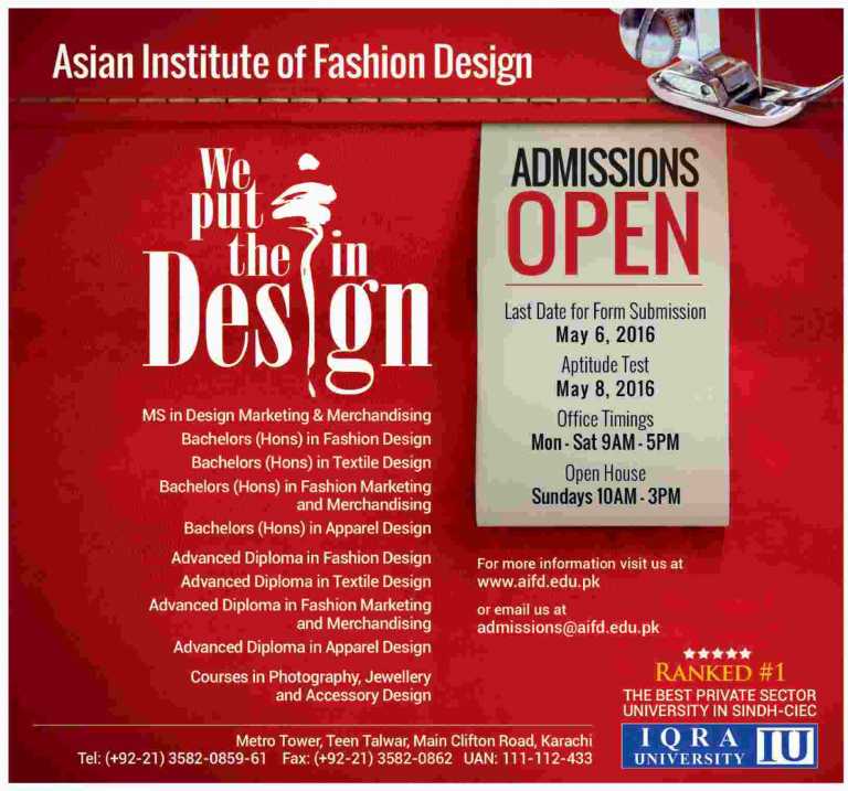 AIFD Karachi Admission 2016 Online Form Asian Institute Of Fashion Design