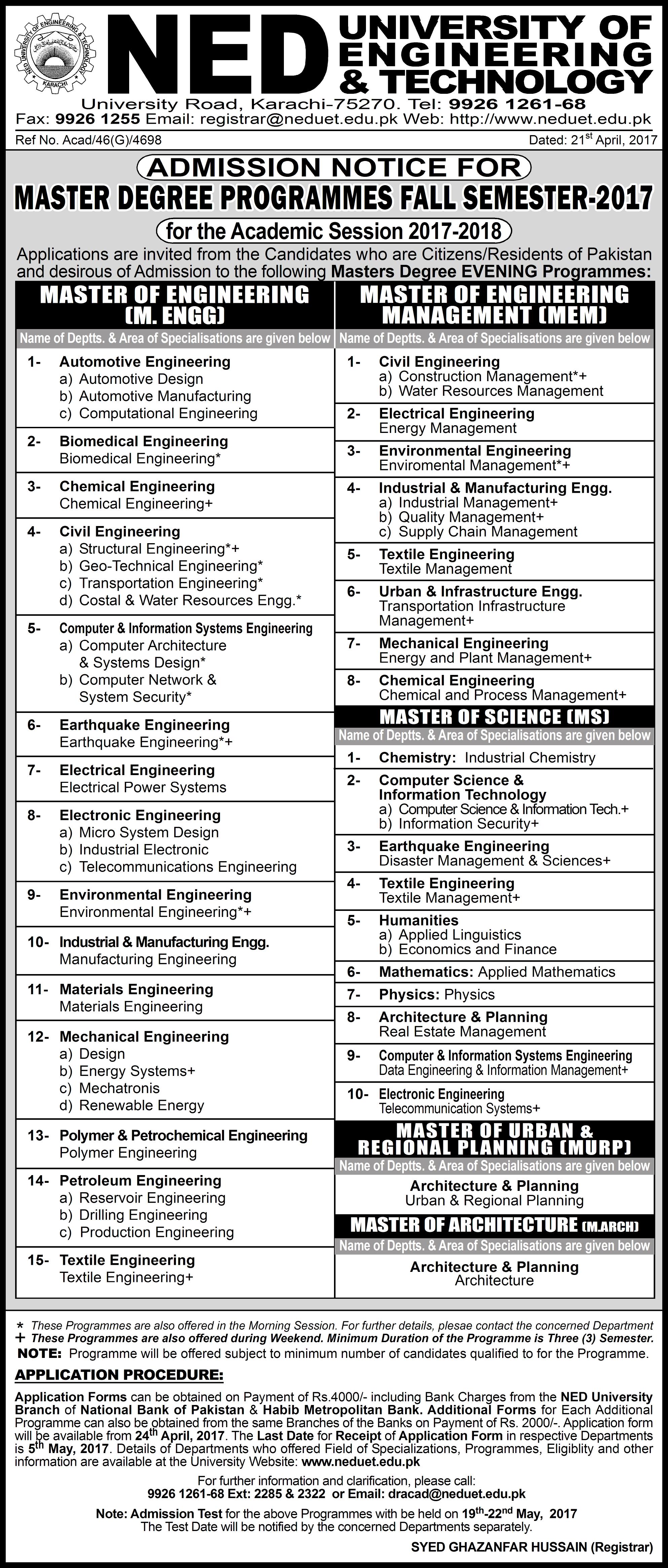 NED University Karachi Masters Admission 2017-2018 Form, Prospectus