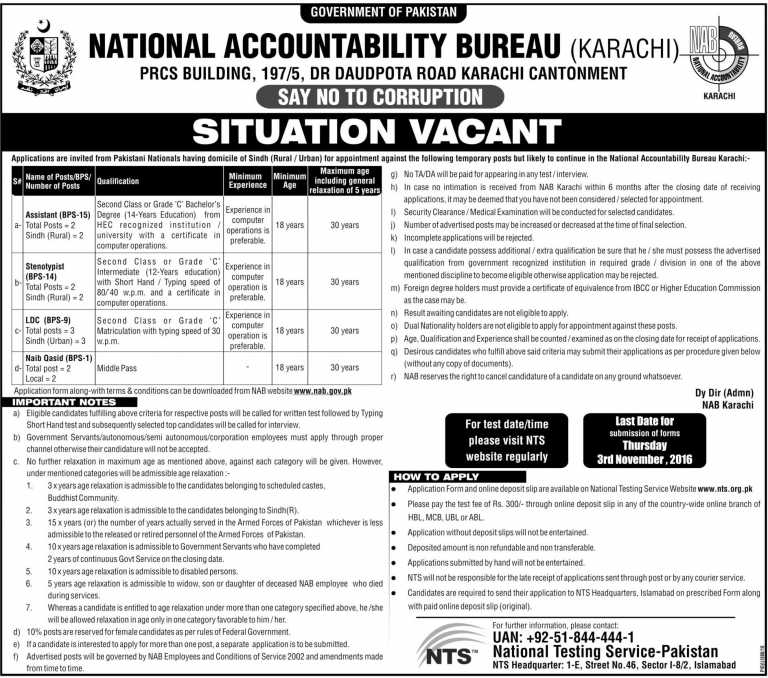 NAB Karachi Jobs 2021 National Accountability Bureau Form Online