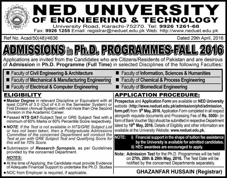 NED UET PhD Admissions Fall 2016 Download Application Form, Entry Test Date