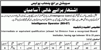 Special Branch Punjab Police Intelligence Operator Jobs 2016 NTS Form Last Date