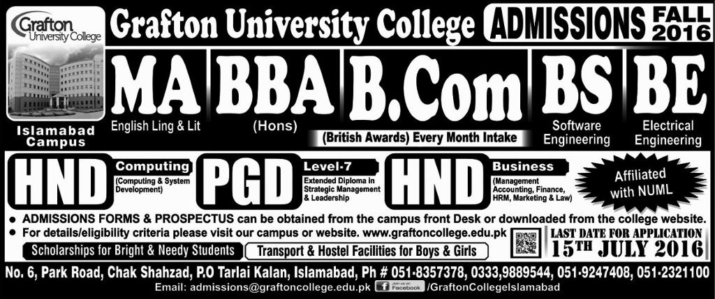 Grafton University College Islamabad Admission 2016 Form, Entry Test Date Undergradaute, Gradaute