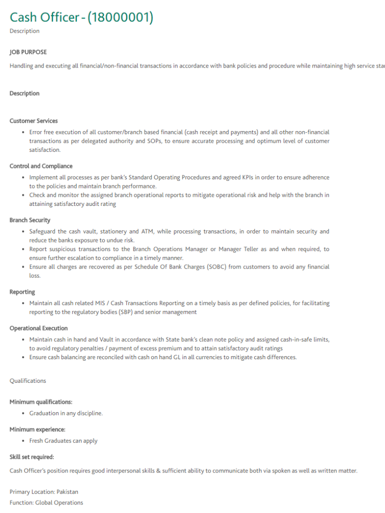 Habib Bank HBL Cash Officer Jobs 2022 Apply Online Advertisement