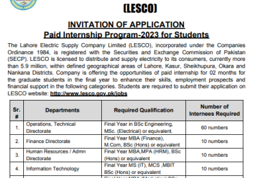 LESCO Internship 2023 Apply Online