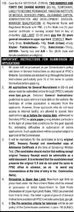 FPSC Charge Nurse Jobs 2018 Apply Online Last Date, Advertisement