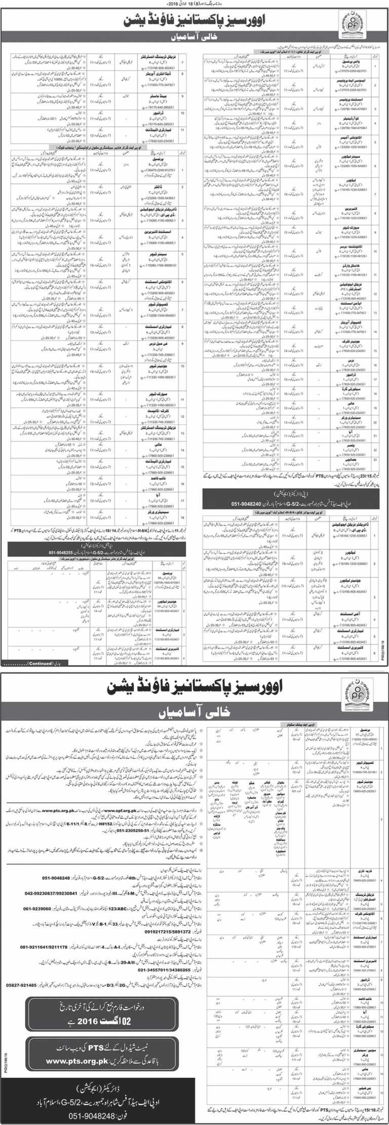 OPF Schools And Colleges Islamabad Jobs 2016 PTS Application Form, Test Date