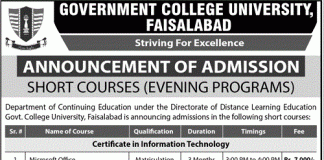 GC University Faisalabad Short Courses Admission 2017 Form