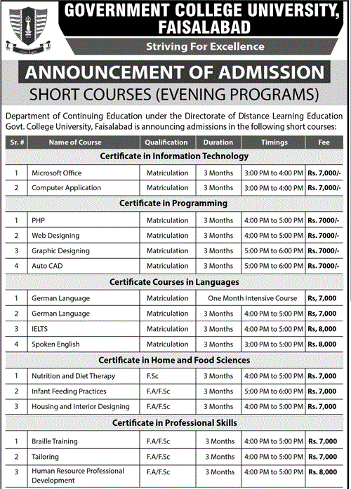 GC University Faisalabad Short Courses Admission 2017 Form