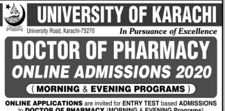University of Karachi UOK Pharm D Admissions 2020