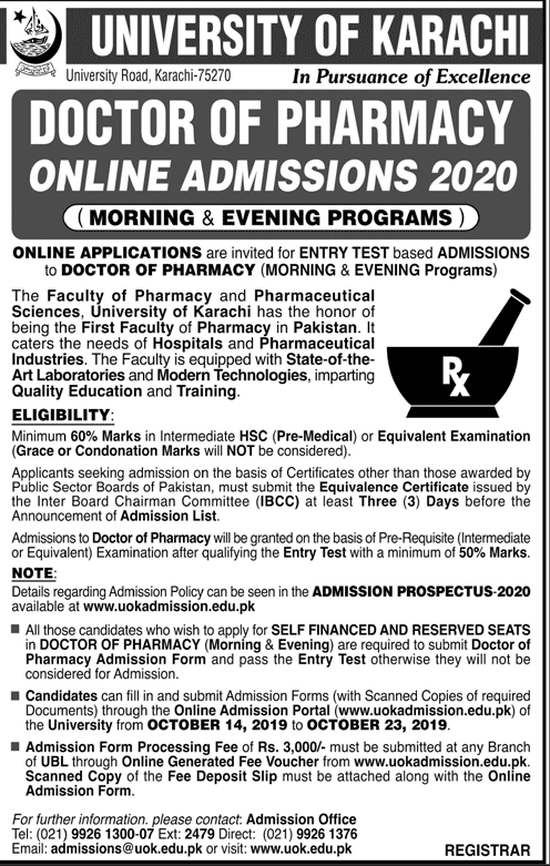 University Of Karachi Uok Pharm D Admissions 2020