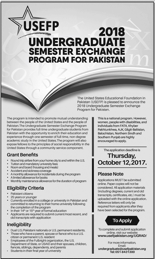 USEFP Undergraduate Semester Exchange Program For Pakistan 2018 Apply Online