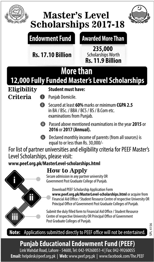 PEEF Master Level Scholarship 2017-2018 Application Form Online Last Date