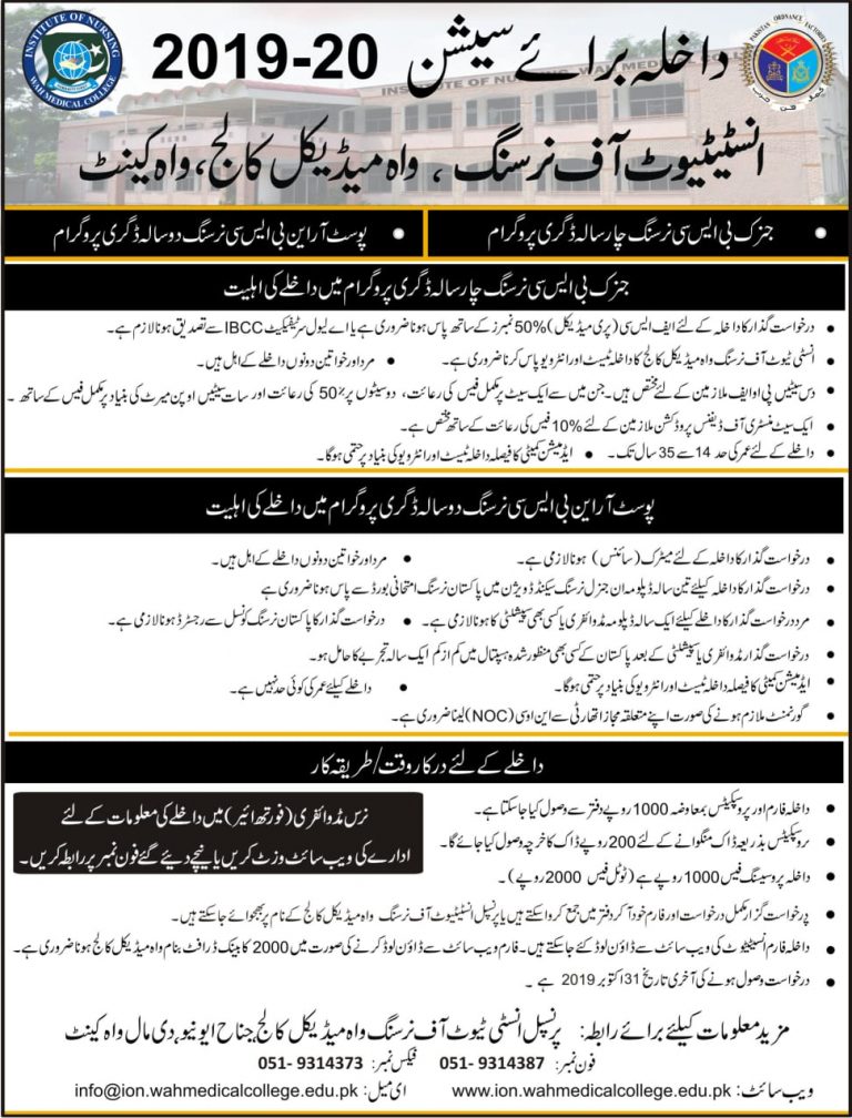 Wah Cantt Medical College BSc Nursing Admissions 2019-20 Form