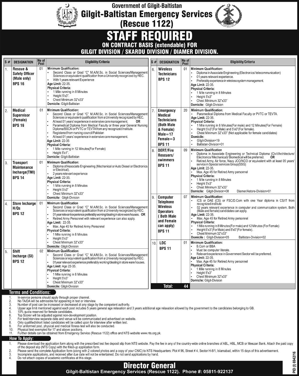 Rescue 1122 Jobs In Gilgit Baltistan 2017 NTS Application Form, Eligibility