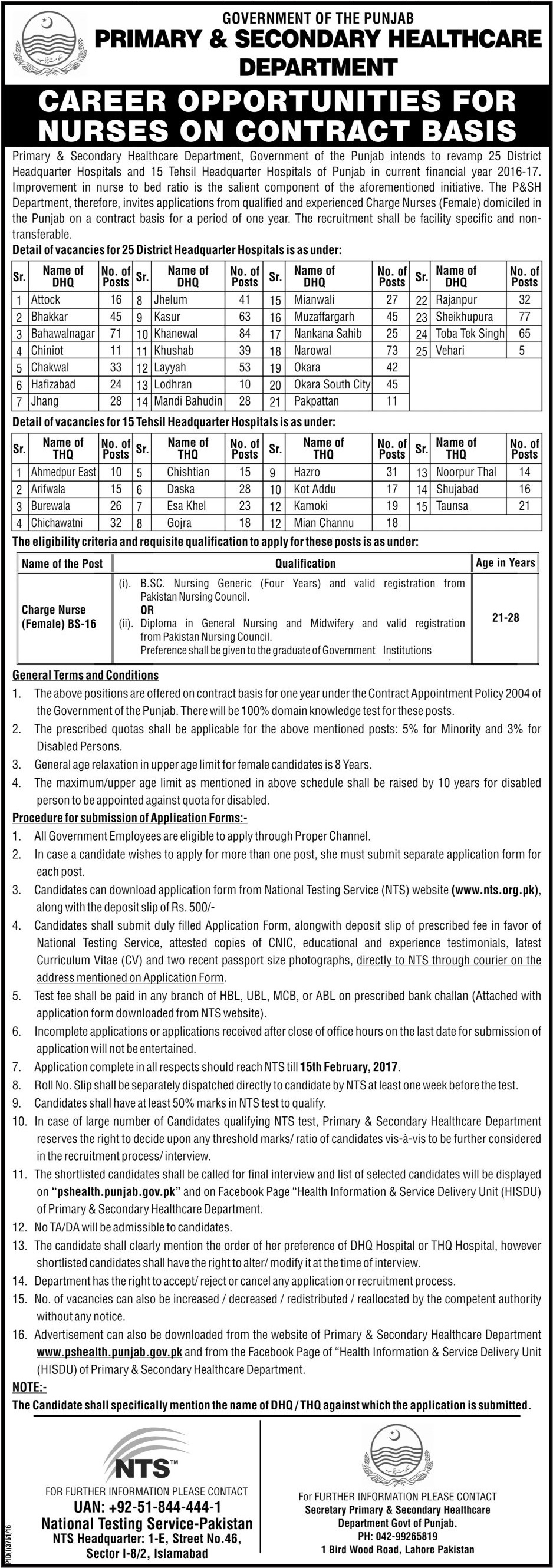 Charge Nurses Jobs in pshealth Punjab 2017 NTS Application Form Online