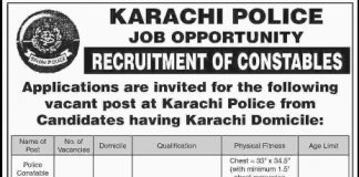 Karachi Police Constable, Lady Constable Jobs 2017 NTS Form Online, Eligibility